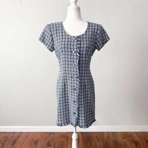 Vintage Chauncey St. Navy White Plaid‎ Tweed Fringe Button Front Mini Dress